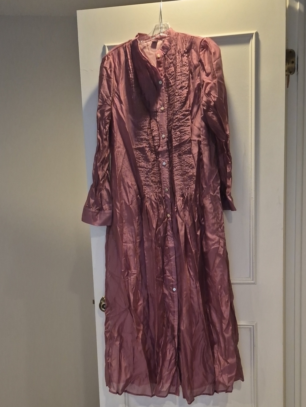 Womens Mauve Long Button-Front Dress with Pintuck Detail